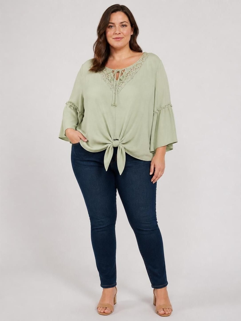 C Est 1946 18/20W Tie-Front Lace Yoke Top - Sage Green